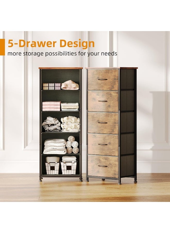 SKY-TOUCH 5 خزانة أدراج، برج أدراج تخزين عمودي، خزانة ملابس طويلة لتنظيم غرفة النوم، حضانة، خزائن، إطار فولاذي متين مع سطح خشبي، بني - Image 3