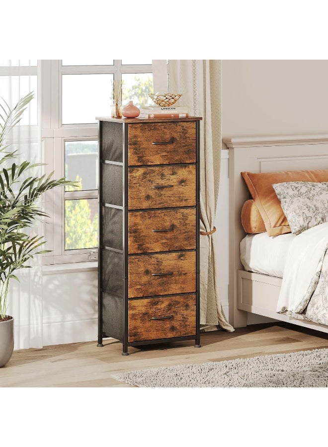 SKY-TOUCH 5 خزانة أدراج، برج أدراج تخزين عمودي، خزانة ملابس طويلة لتنظيم غرفة النوم، حضانة، خزائن، إطار فولاذي متين مع سطح خشبي، بني - Image 2