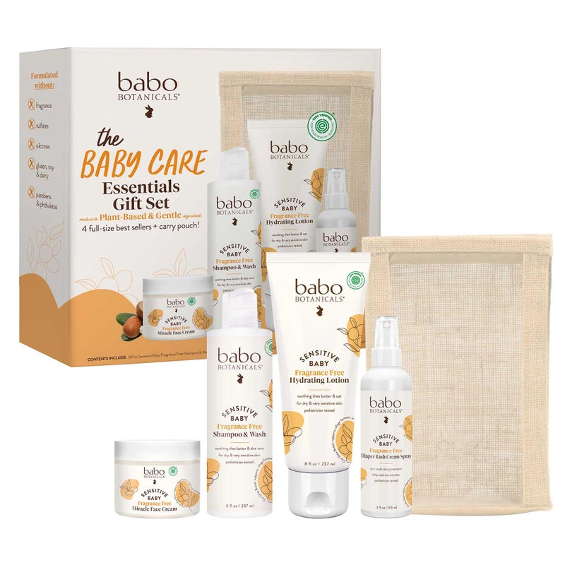 Babo Botanicals Baby Care Essentials Gift Set - Skincare, Bath & Diaper - For Delicate Skin, Fragrance-Free with Shea Butter, Includes Reusable Carry Pouch - Natural & Plant Based - 5 Items Set - Image 1