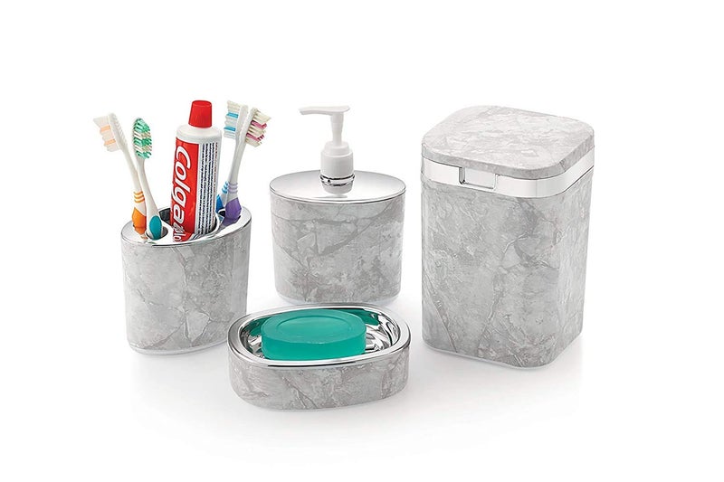 OANGO Marbal Looks Opal 4 Piece Bathroom Accessories Set Soap Dispenser Toothbrush Holder Soap Dish & Dumpster (White) - Image 1