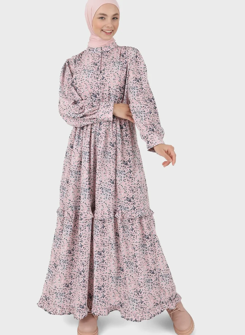 Benin by modanisa Floral Printed Tiered Dress