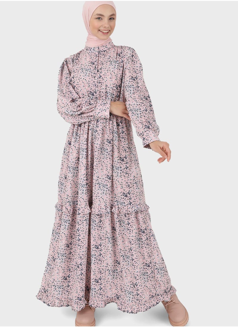 Benin by modanisa - Floral Printed Tiered Dress - Image 1