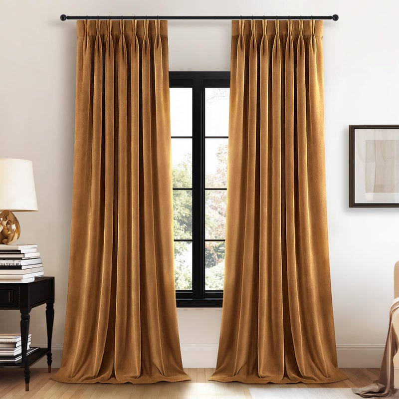 Drapenova Gold Brown Velvet Pinch Pleated Curtains 84 Inches Long for Living Room Bedroom Yellow Luxury Elegant Decorative Thermal Insulated Room Darkening Window Treatments,40x84 Inches,2 Panels - Image 1