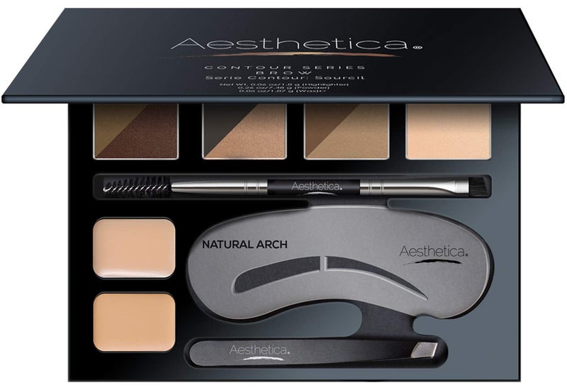 Aesthetica مجموعة تحديد الحواجب من أستيتكا - طقم مكياج حواجب مكون من 16 قطعة، 6 مساحيق حواجب، 5 قوالب حواجب، فرشاة مزدوجة، ملاقط، شمع حواجب، هايلايتر - هدايا فريدة للنساء في عيد ميلادهن - Image 1