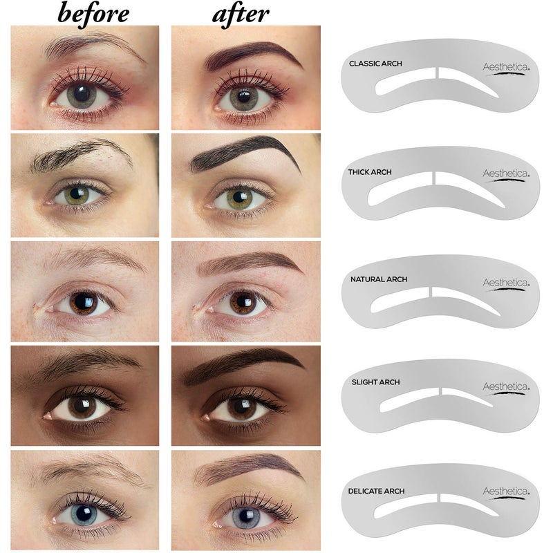 Aesthetica مجموعة تحديد الحواجب من أستيتكا - طقم مكياج حواجب مكون من 16 قطعة، 6 مساحيق حواجب، 5 قوالب حواجب، فرشاة مزدوجة، ملاقط، شمع حواجب، هايلايتر - هدايا فريدة للنساء في عيد ميلادهن - Image 3