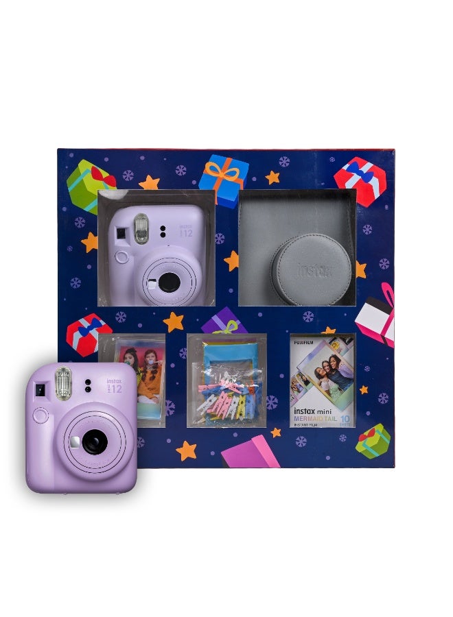 Instax Mini 12 Christmas Gift Box – Purple Instant Mini 12 Camera with Gray Case, Mermaid Mini Film, Photo Frame, Pegs and Batteries – Perfect Christmas Gift for Kids, Teens, and Adults - Image 1