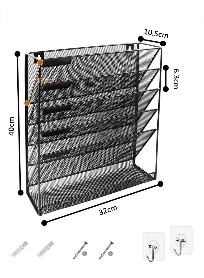 وهاواي Desk File Organizer Mesh 5-Tier, Hanging Wall Mount Document Organization Stand, Desktop Vertical Mail Paper Folder Holder Rack with Bottom Tray for Home, Office Black - Image 2
