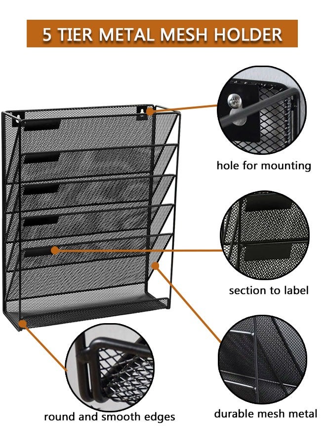 وهاواي Desk File Organizer Mesh 5-Tier, Hanging Wall Mount Document Organization Stand, Desktop Vertical Mail Paper Folder Holder Rack with Bottom Tray for Home, Office Black - Image 3