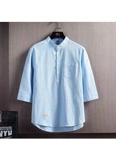 Casual Cotton Linen Shirt Mens Stand Collar Loose Fit Seven-Quarter Sleeve Outerwear Pure Color Polyester Fiber Spring Season Blue (high quality)
