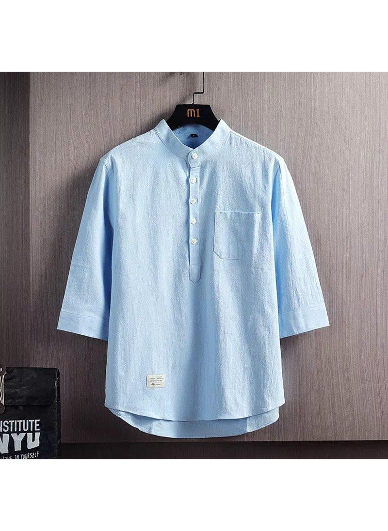 Generic - Casual Cotton Linen Shirt Mens Stand Collar Loose Fit Seven-Quarter Sleeve Outerwear Pure Color Polyester Fiber Spring Season Blue (high quality) - Image 1