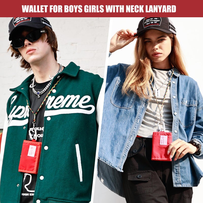 RE ROUGH ENOUGH Rough Enough Kids Wallet for Boys Girls Preppy Teen with Neck Lanyard Keychain Cordura Red - Image 2