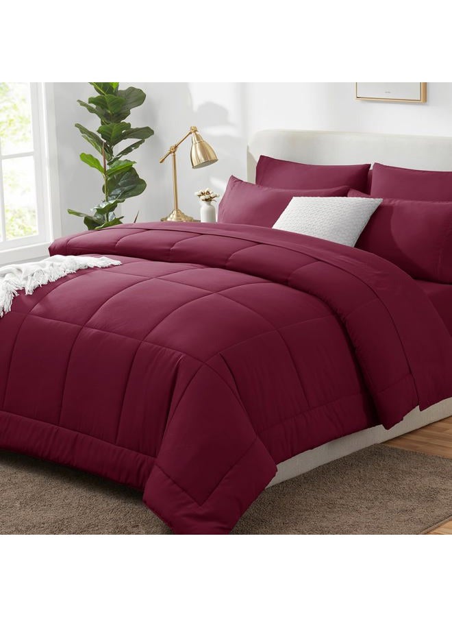 CozyLux King Size Comforter Set - 7 Pieces Bed in a Bag Set Burgundy, Bedding Sets King with All Season Quilted Comforter, Flat Sheet, Fitted Sheet, Pillowcases, Red, King - Image 1