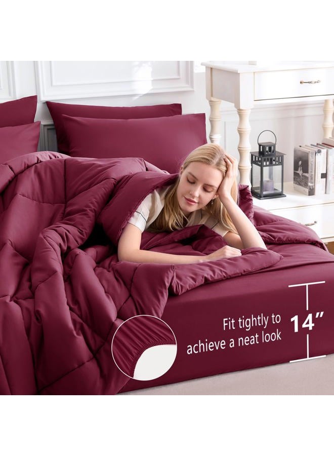 CozyLux King Size Comforter Set - 7 Pieces Bed in a Bag Set Burgundy, Bedding Sets King with All Season Quilted Comforter, Flat Sheet, Fitted Sheet, Pillowcases, Red, King - Image 5