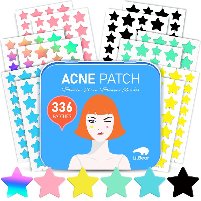 LitBear LitBear Acne Patch Pimple Patch, 6 Colors 336 Dots Star Pimple Patches with Tea Tree Oil & Centella Oil, Hydrocolloid Acne Pimple Patches for Face Cute Zit Patches Pimple Stickers Acne Dots 