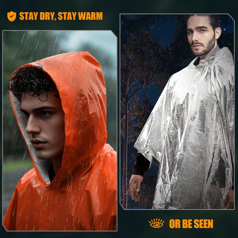 Rasupro 4 Pack Emergency Ponchos with Thickened Mylar Blanket Lining, Windproof, Waterproof, and Thermal Orange Survival Ponchos - Perfect for Outdoor Rescue, Family Camping Gear, Car Emergency Kits - Image 5