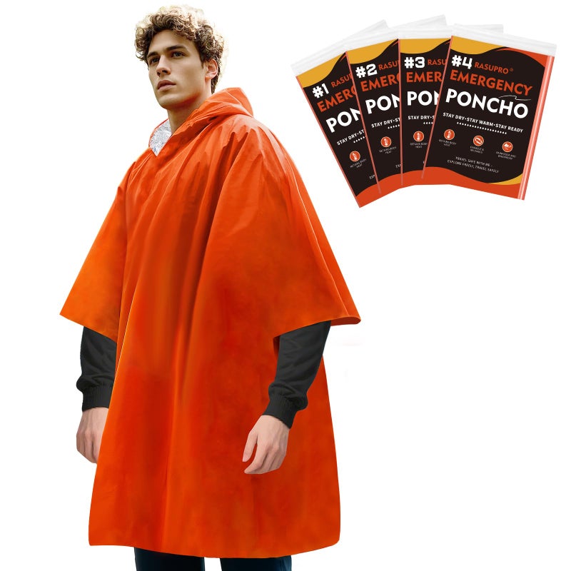 Rasupro 4 Pack Emergency Ponchos with Thickened Mylar Blanket Lining, Windproof, Waterproof, and Thermal Orange Survival Ponchos - Perfect for Outdoor Rescue, Family Camping Gear, Car Emergency Kits - Image 1