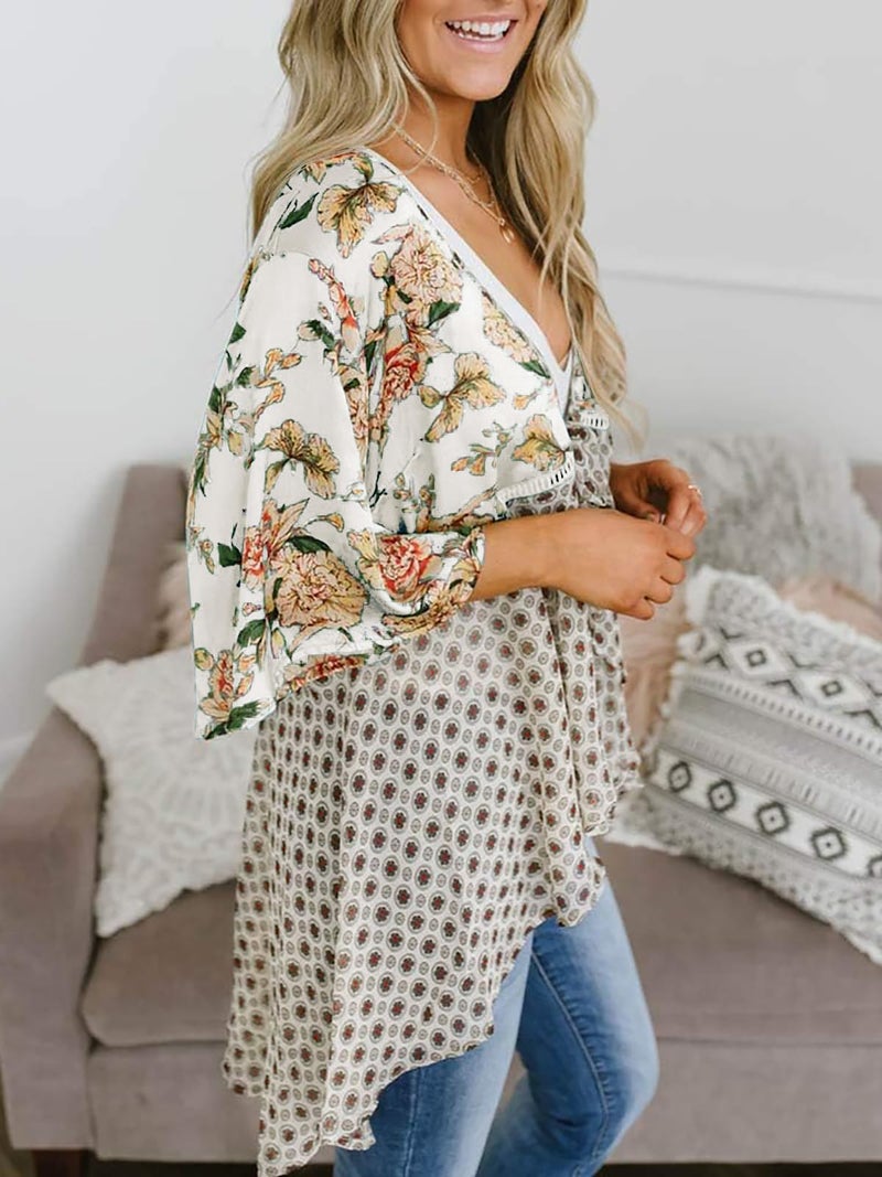 Saodimallsu Womens Tie Front Kimono Cardigans Floral Lightweight Ruffle 3/4 Sleeve Boho Flowy Beach Cover Ups White - Image 2