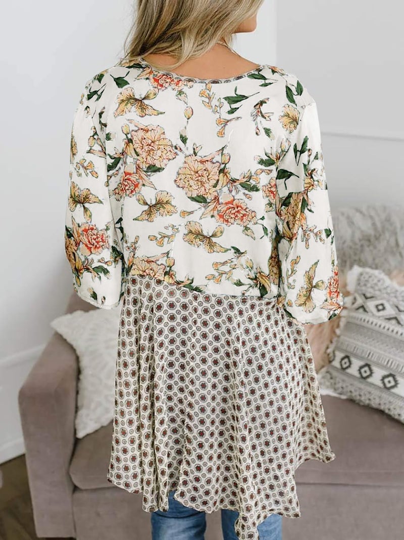 Saodimallsu Womens Tie Front Kimono Cardigans Floral Lightweight Ruffle 3/4 Sleeve Boho Flowy Beach Cover Ups White - Image 3