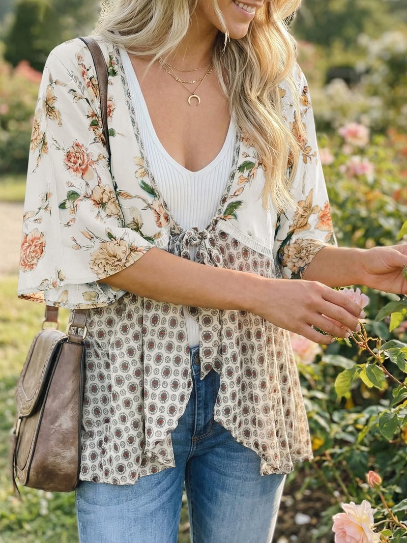Saodimallsu Womens Tie Front Kimono Cardigans Floral Lightweight Ruffle 3/4 Sleeve Boho Flowy Beach Cover Ups White - Image 5