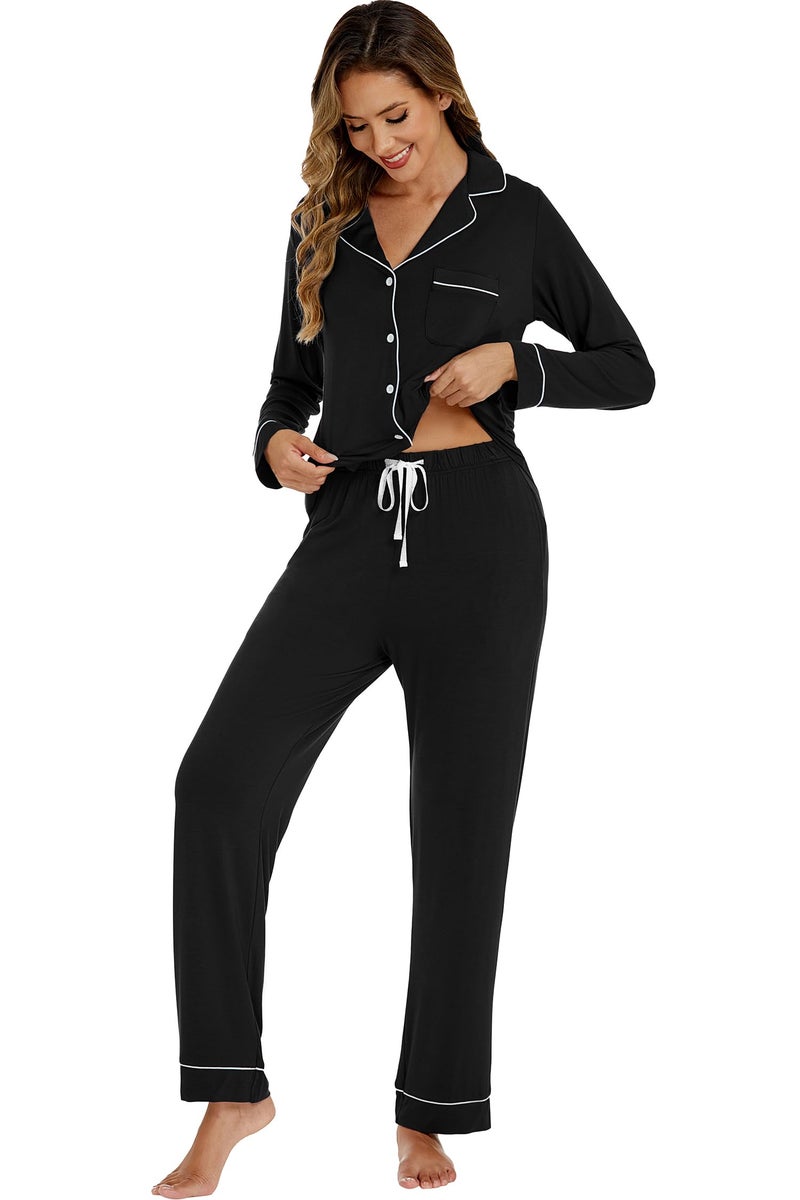 LUBOT Women's Pajamas Set Cotton Modal 2PC PJs Set for Women Button-Down Long Sleeve Two-piece Cozy Night Suit Sleepwear Loungewear (Black, XL) - Image 5