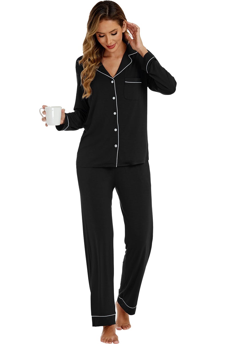 LUBOT Women's Pajamas Set Cotton Modal 2PC PJs Set for Women Button-Down Long Sleeve Two-piece Cozy Night Suit Sleepwear Loungewear (Black, XL) - Image 3