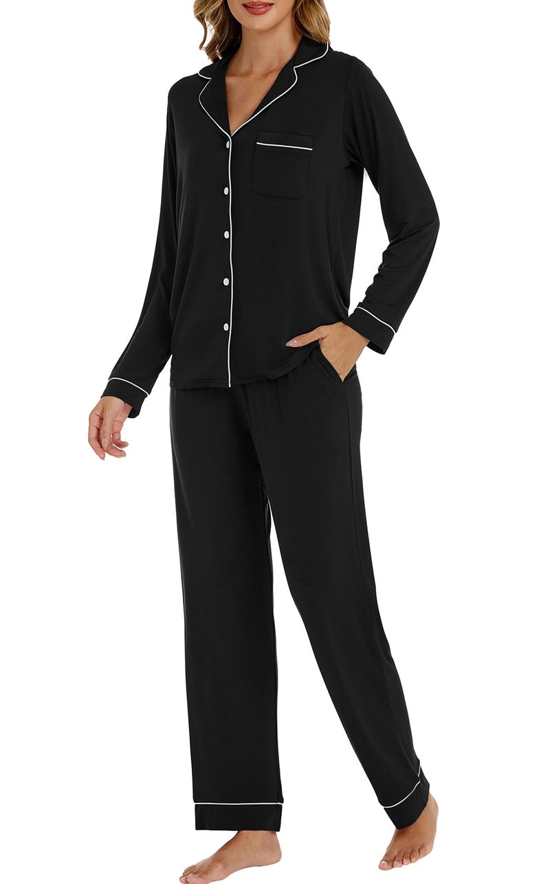 LUBOT Women's Pajamas Set Cotton Modal 2PC PJs Set for Women Button-Down Long Sleeve Two-piece Cozy Night Suit Sleepwear Loungewear (Black, XL) - Image 1