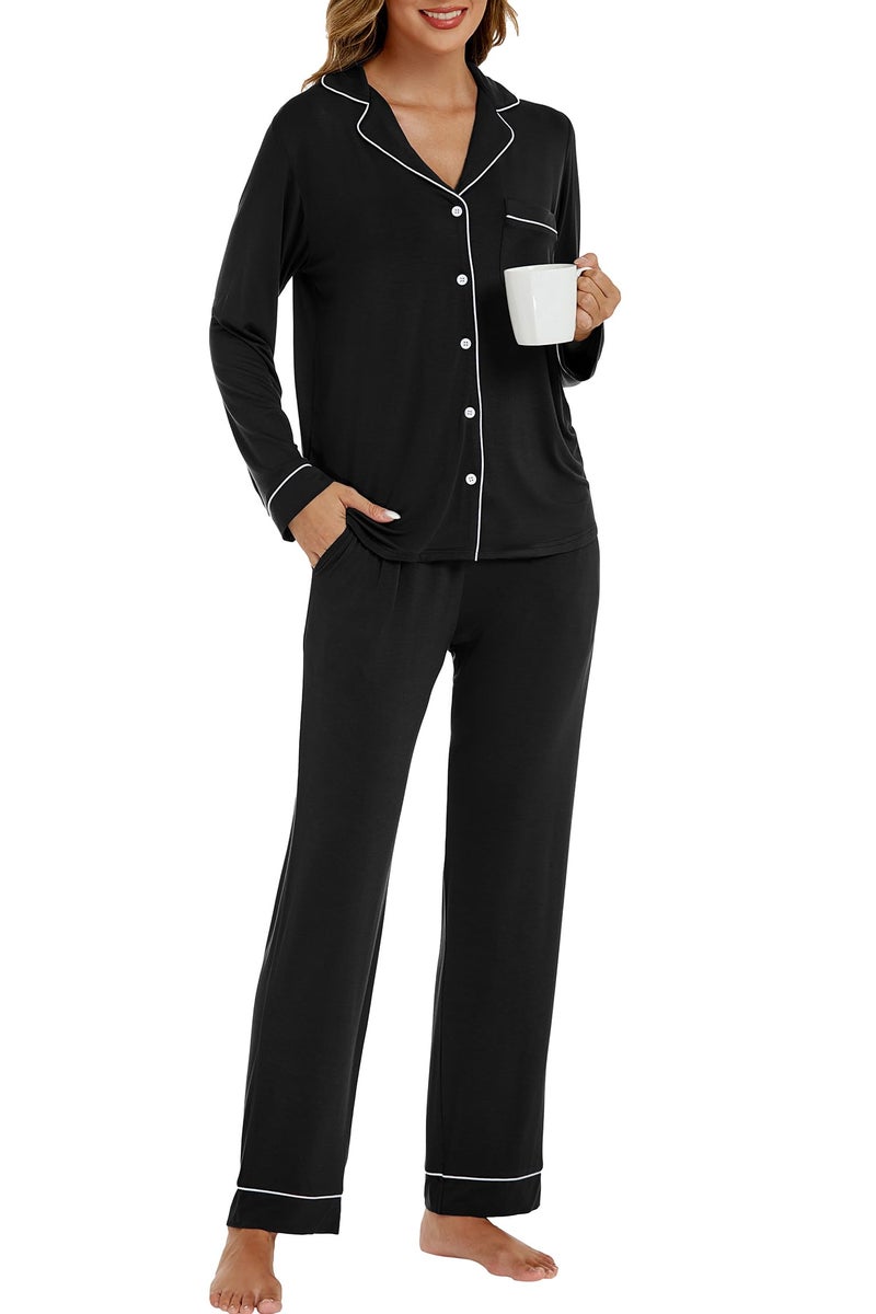 LUBOT Women's Pajamas Set Cotton Modal 2PC PJs Set for Women Button-Down Long Sleeve Two-piece Cozy Night Suit Sleepwear Loungewear (Black, XL) - Image 2