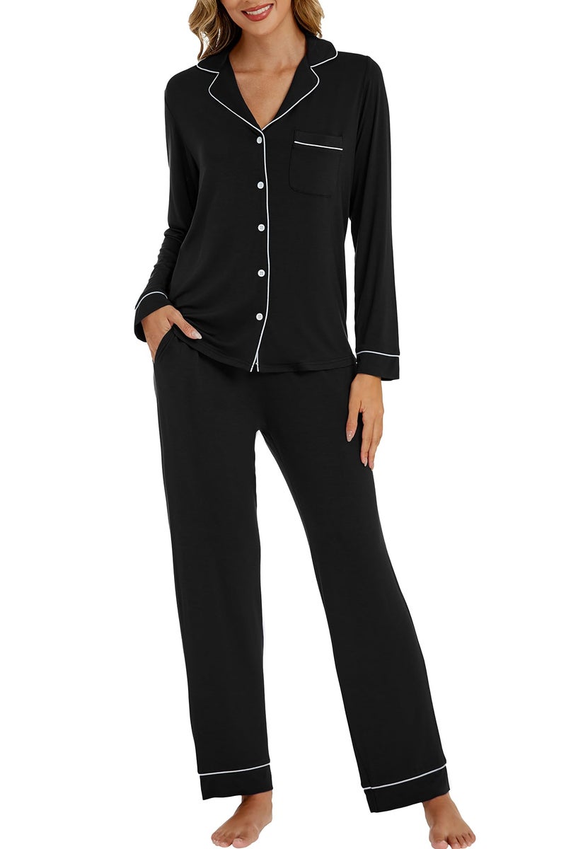 LUBOT Women's Pajamas Set Cotton Modal 2PC PJs Set for Women Button-Down Long Sleeve Two-piece Cozy Night Suit Sleepwear Loungewear (Black, XL) - Image 4