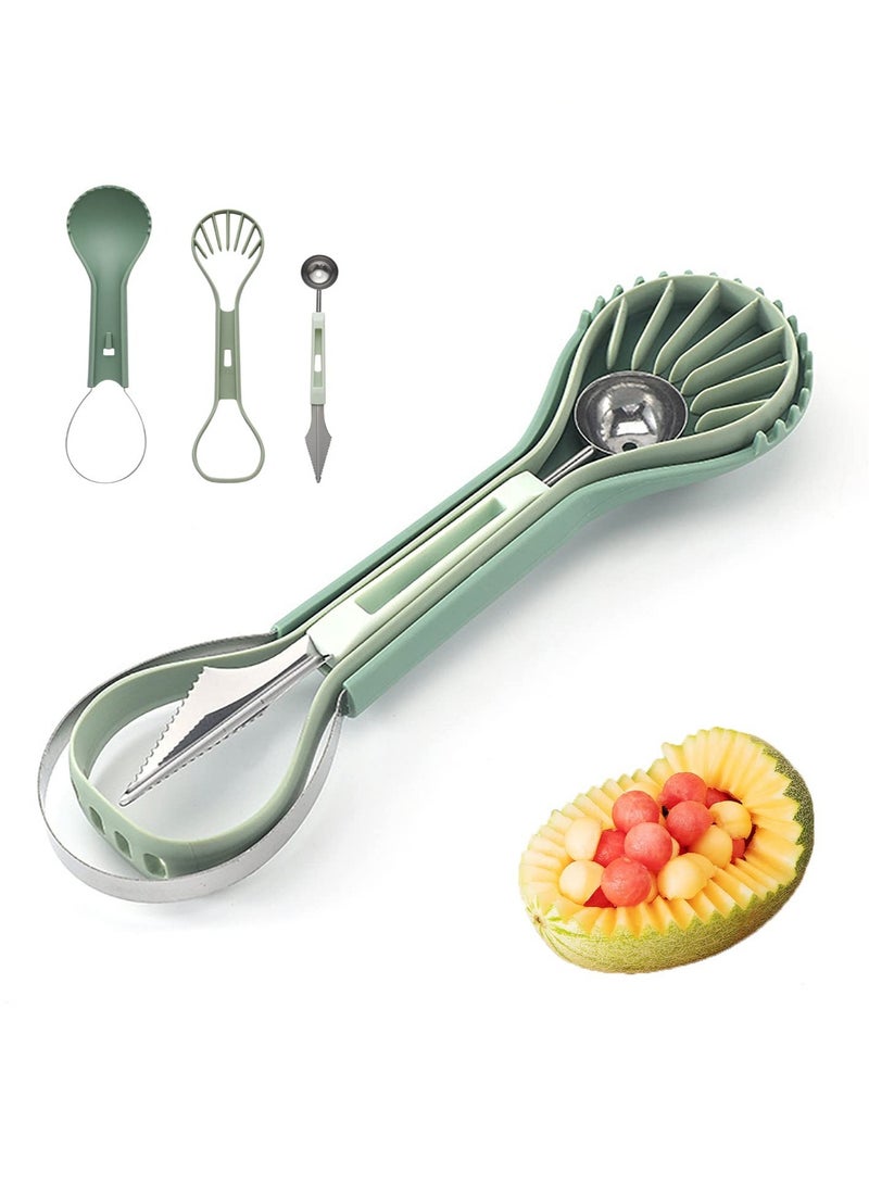 KASTWAVE Fruit Cutters Seed Remover, 6 in 1 Stainless Steel Melon Baller Scoop Set, Seed Remover Knife and Fruit Carving Tools, Watermelon Slicer Ice Cream Baller (Green） - Image 1