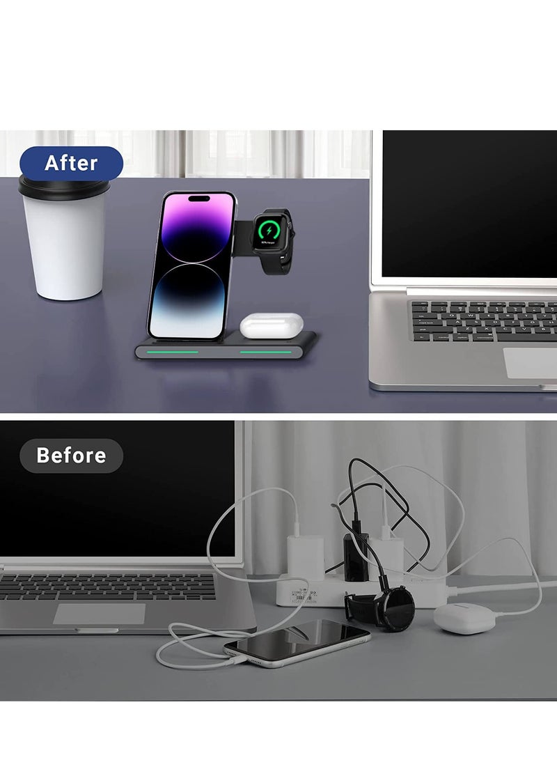 3-in-1 Wireless Charging Station for Apple Devices - Foldable Dock for iPhone 14/13/12/11/Pro/Max/XS/XR, iWatch Series 7/6/SE/5/4/3/2, AirPods Pro/3/2/1 - Black - Image 3