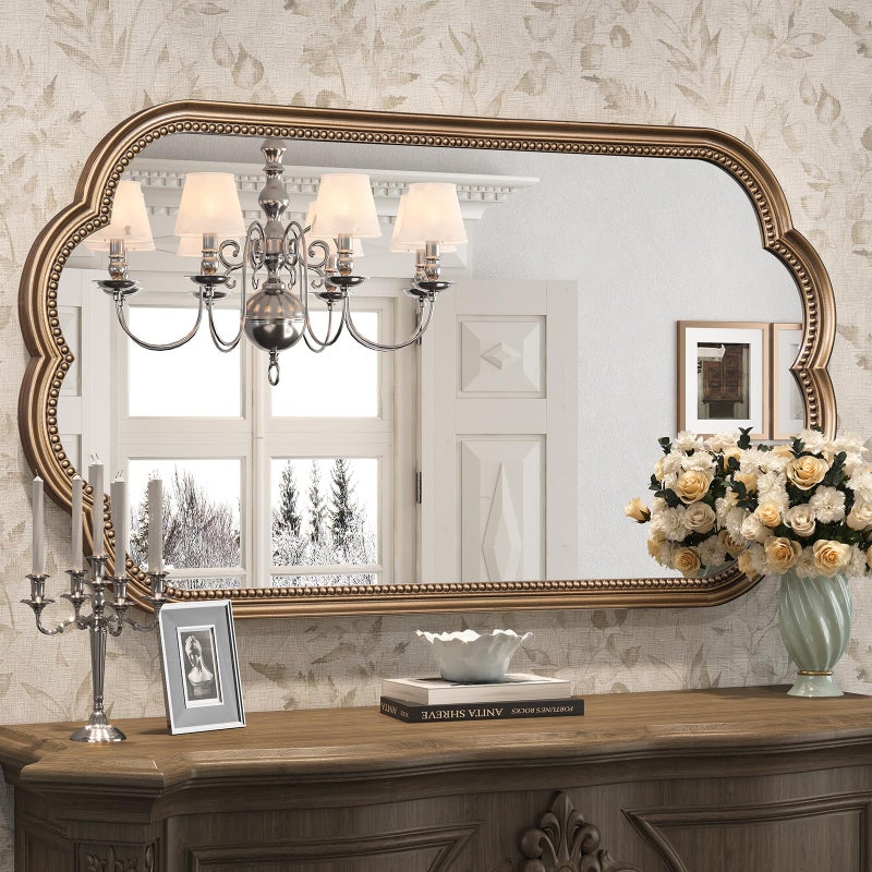 Wiserset Scalloped Mirror for Bathroom, 23" x 42" Antique Wide Brass Mirror, Gold Scalloped Vintage Mirrors with Beaded Frame for Over Sink, Bathroom, Bedroom, Living Room, Fireplace, Entryway - Image 1