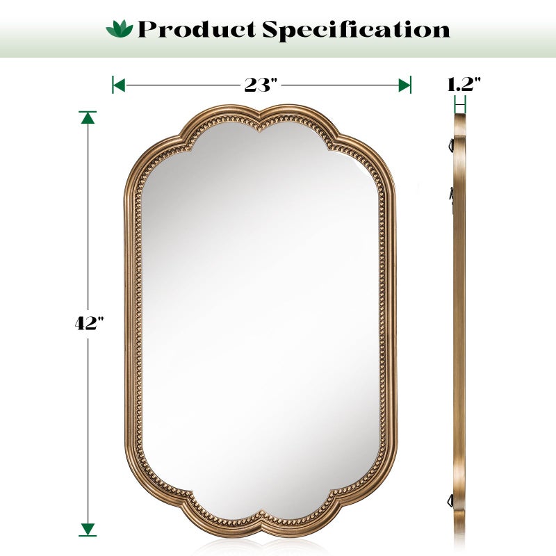 Wiserset Scalloped Mirror for Bathroom, 23" x 42" Antique Wide Brass Mirror, Gold Scalloped Vintage Mirrors with Beaded Frame for Over Sink, Bathroom, Bedroom, Living Room, Fireplace, Entryway - Image 4