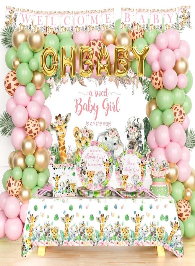 Hombae Safari Baby Shower Decorations for Girl, Wild Jungle Animal Themed Baby Shower Supplies, A Sweet Baby Girl is On The Way Backdrop Balloon Banner Tablecloth Cake Topper Plates Napkins Forks - Image 1