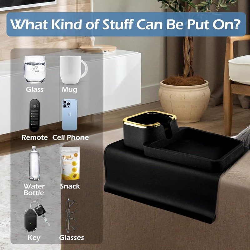 KEYOZA Couch Tray Cup Holder Silicone Sofa Arm Tray with Cup Holder AntiSlip and Strong Remote Control Organizer and Drink Cup Holder for Armchair Sofa Recliner Black - Image 4