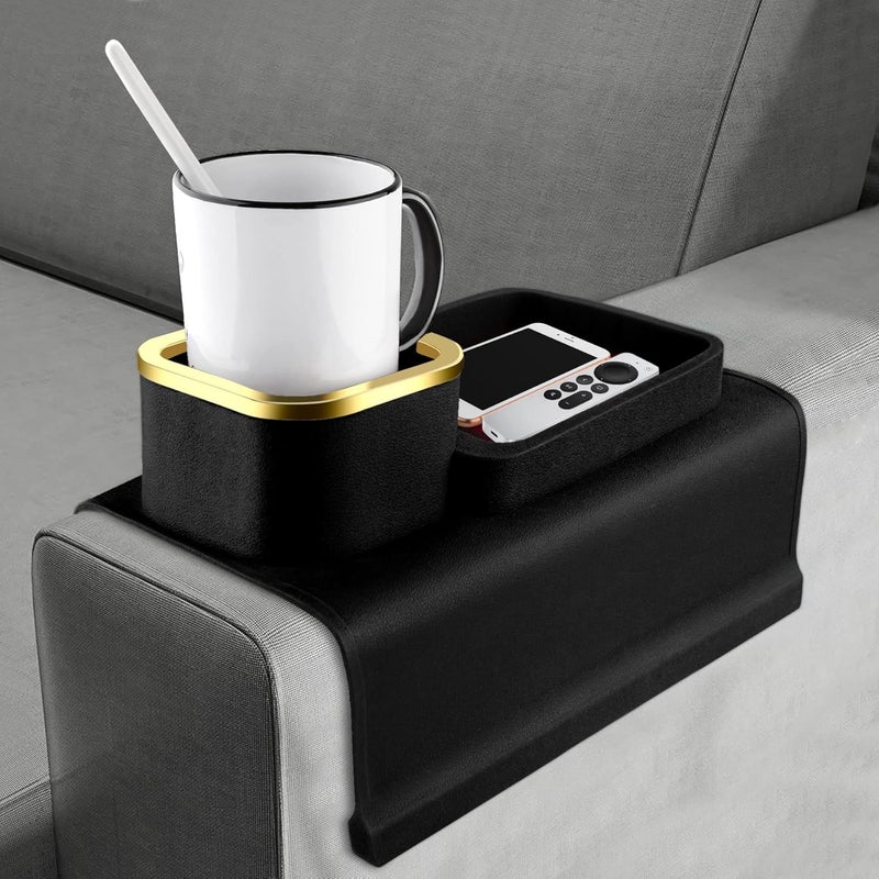 KEYOZA Couch Tray Cup Holder Silicone Sofa Arm Tray with Cup Holder AntiSlip and Strong Remote Control Organizer and Drink Cup Holder for Armchair Sofa Recliner Black - Image 1