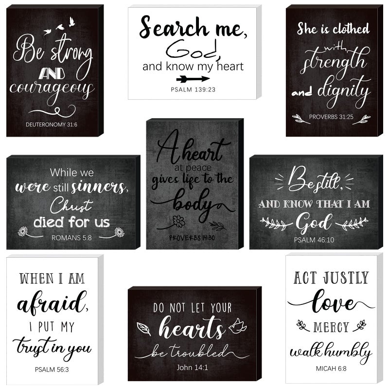 Purpeak 9 Pcs Mini Christian Tiered Tray Decor Wooden Decorative Signs Religious Verse Table Decor Rustic Inspirational Scripture Decoration Plaque for Table Shelf Tray Desk 35 x 25 x 047 Inch