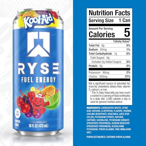 RYSE Up Supplements RYSE Fuel Energy Drink - Kool-Aid Tropical Punch - Sugar Free, Gluten Free & Vegan - 200mg Natural Caffeine, Taurine & Choline for Focus & Energy - No Artificial Colors - 16 fl oz Cans (12-Pack) - Image 2