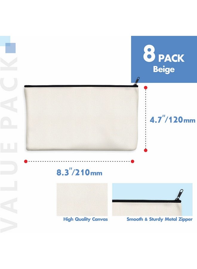 Vantasii 8 Pack Canvas Pencil Pouch, Diy Craft Zipper Bags Blank Makeup Bags Multifunctional Pouches Pencil Case For Cosmetic Toiletry Stationary (Beige, 8.3" X 4.7"), White - Image 3