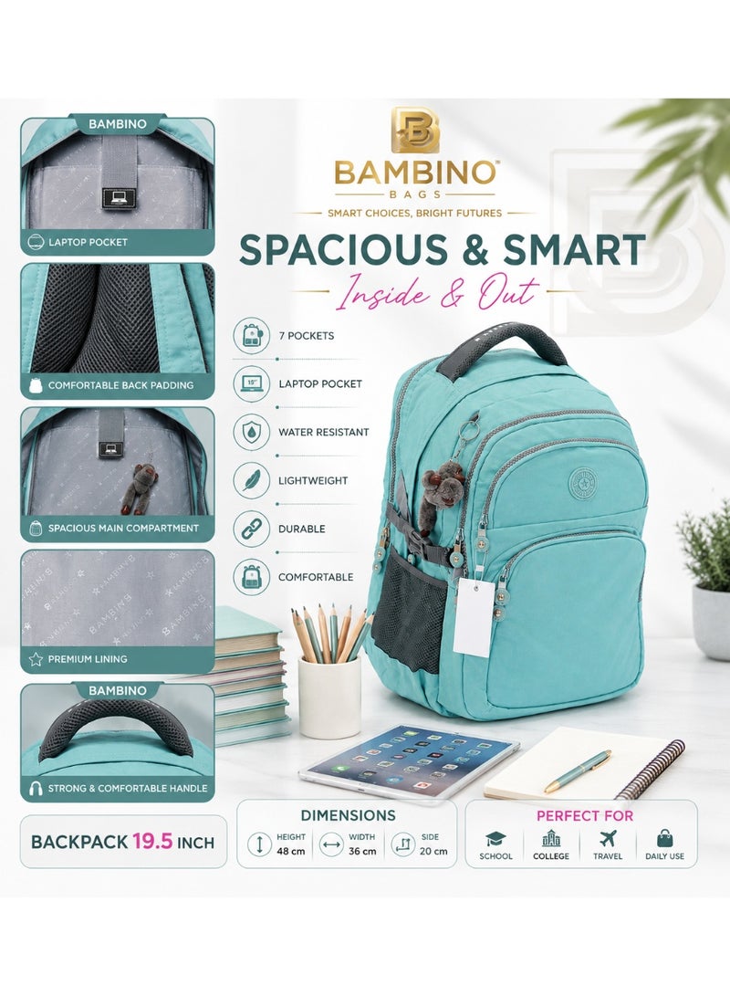 Backpack - 19.5 Inch – 7 Pockets, Laptop Compartment Light Turquoise, Padded Back & Shoulder Straps, Water-Resistant Backpack for School, Travel & Daily Use - Unisex-Light - Image 2