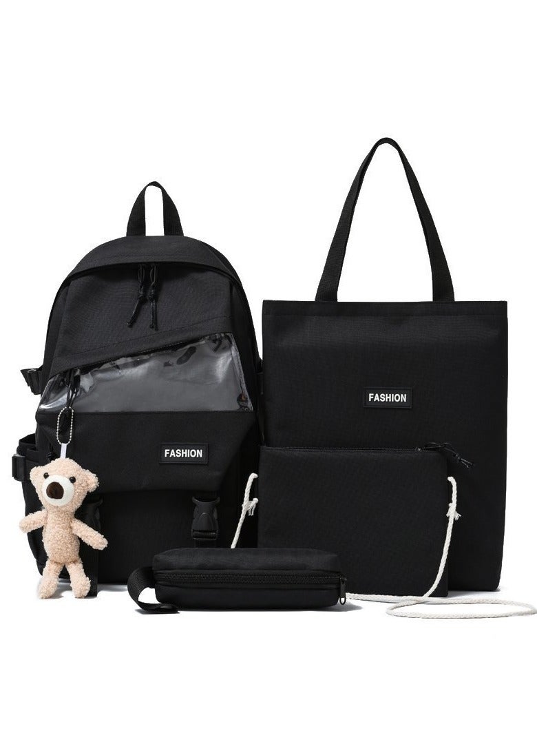 4Pcs Backpacks Combo Set with Teddy Bear Pendant for Teenage Students - Canvas School Bag Back To School Supplies Bookbag Kit - Image 1