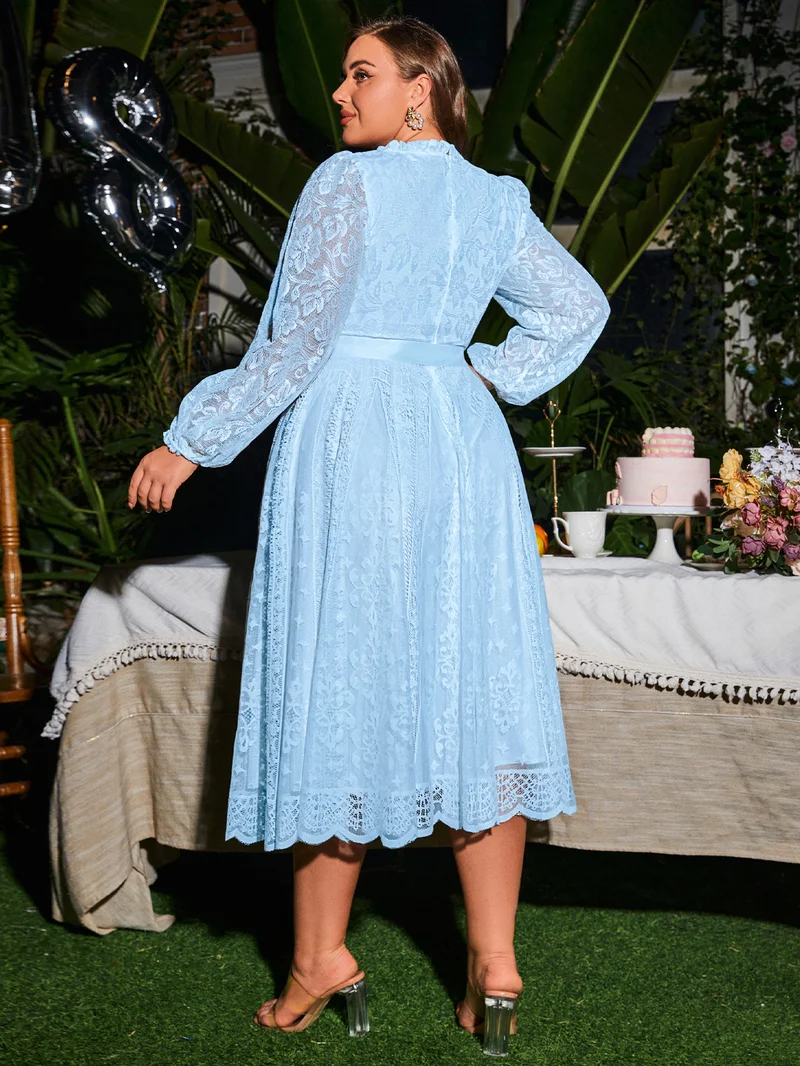 Simplee Round Neck Lace Long Sleeve Maxi Dress, Self Fabric Waist Belt, Wavy Flared Skirt Long Dress