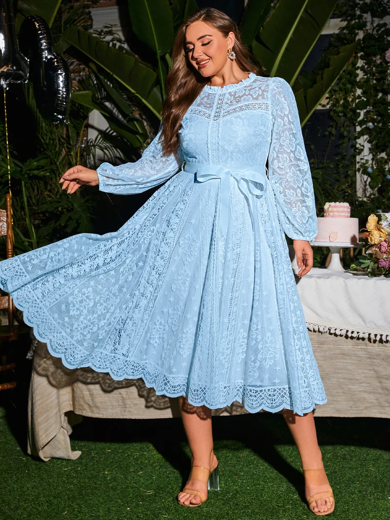 Simplee Round Neck Lace Long Sleeve Maxi Dress, Self Fabric Waist Belt, Wavy Flared Skirt Long Dress