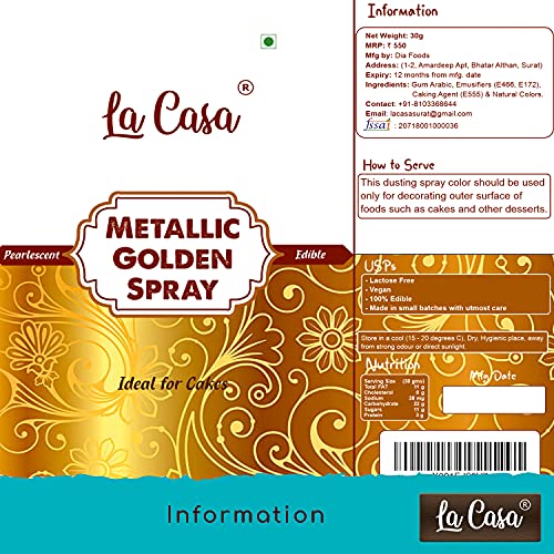 La Casa Metallic Pearlescent Golden Spray Colour | Edible Color Ideal for Cake Decoration & Garnishing | 30g | - Image 4