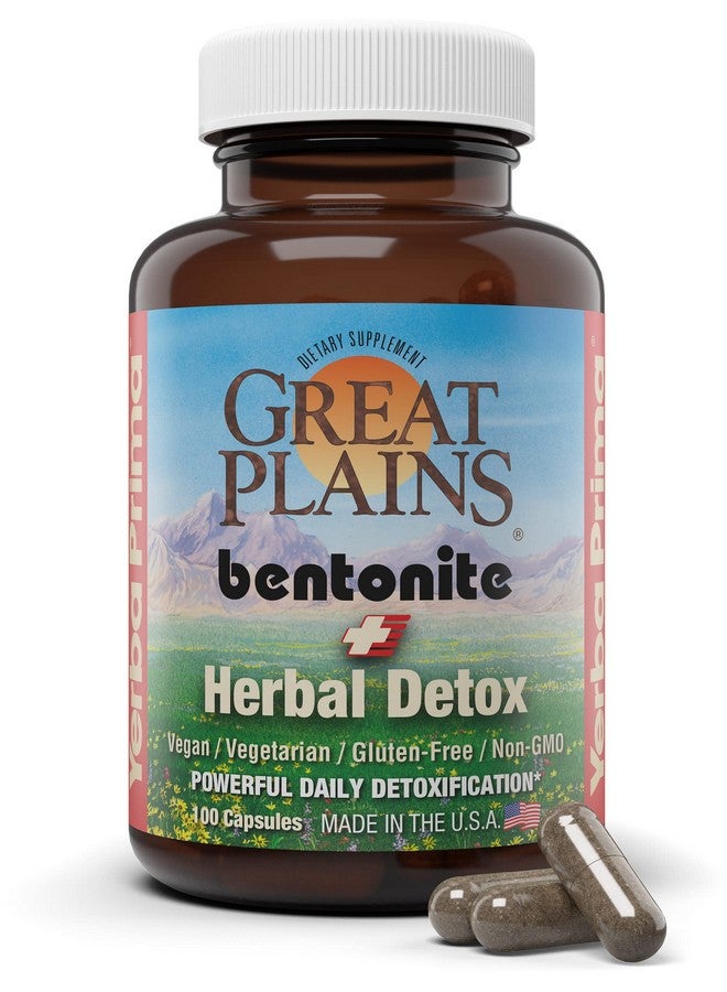 Yerba Prima طين البنتونيت من ييربا بريما مع الأعشاب للتخلص من السموم، 100 كبسولة نباتية - طين غذائي من السهول الكبرى، الولايات المتحدة الأمريكية - مكمل لتنظيف القولون والكبد مع طين الكالسيوم - Image 1