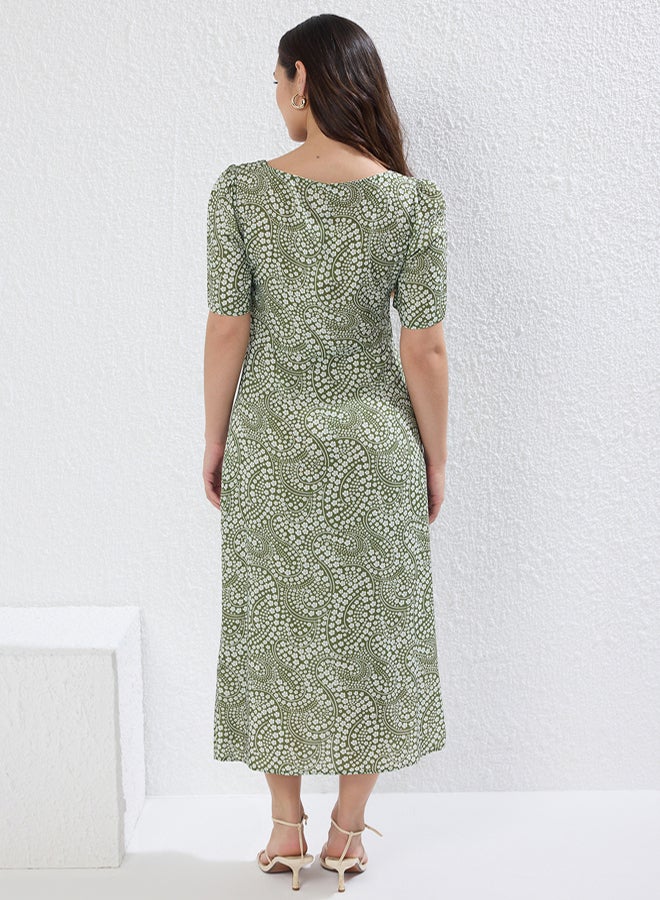 trendyol Green A-Line Shawl Patterned Midi Woven Dress - Image 4