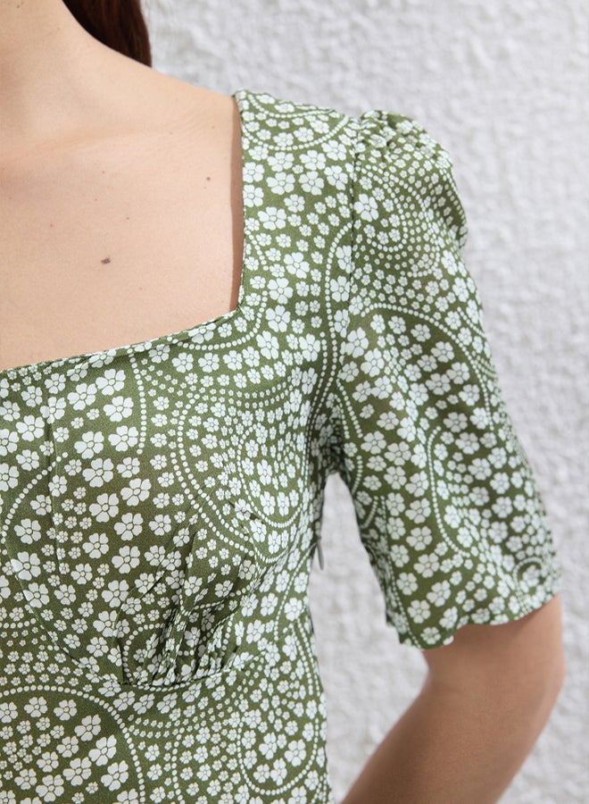 trendyol Green A-Line Shawl Patterned Midi Woven Dress - Image 3