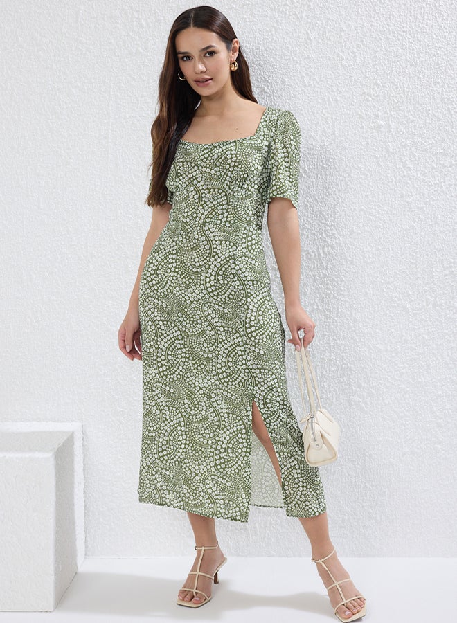 trendyol Green A-Line Shawl Patterned Midi Woven Dress - Image 2