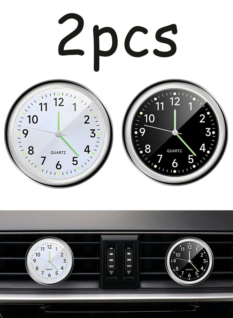 2 Pieces Mini Luminous Quartz Car Clock Stick On Dashboard & Air Vent Mount High Accuracy Timepiece White And Black Multipurpose For Vehicle Home Office Interior Decoration - Image 1