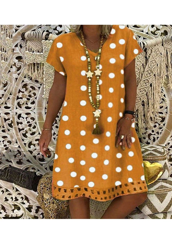 NIBEMINENT Women Boho Dot Printed V-Neck Dress Ladies Summer Fashion Casual Loose Short Sleeve Dresses - Image 1