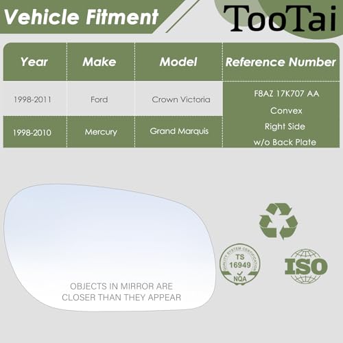 Tootai Passenger Side Replacement Mirror Glass - compatible with Ford & Mercury vehicles- Crown Victoria 1998-2011, Grand Marquis 1998-2010 - non-heated, without backing plate - Image 2